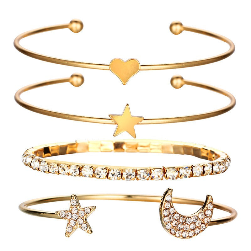 Five Point Star and Moon Cubic Zirconia Open Bracelet Combination Set