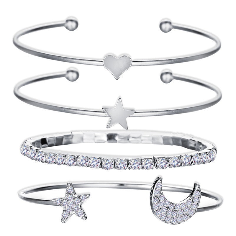 Five Point Star and Moon Cubic Zirconia Open Bracelet Combination Set