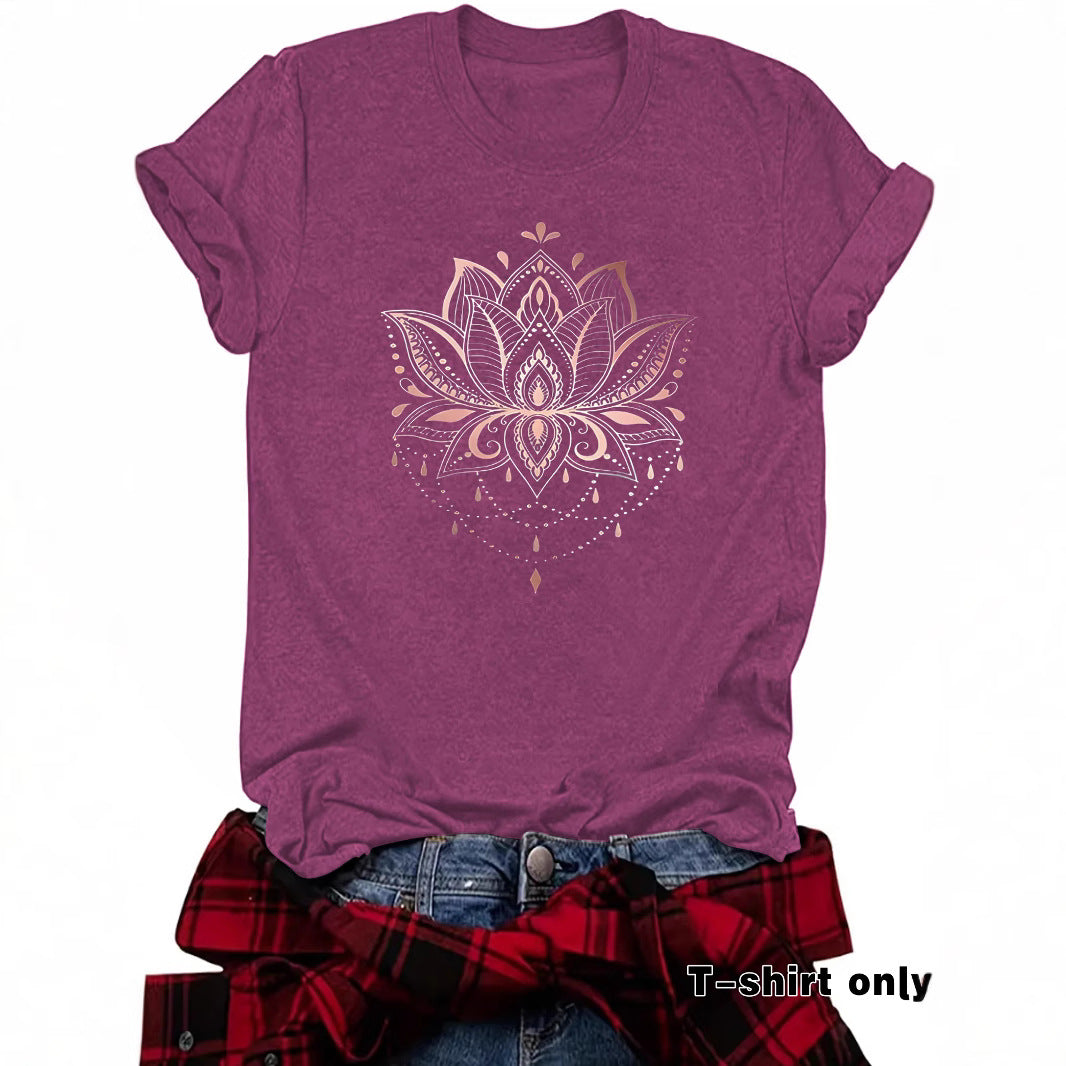 Lotus Print Round Neck Loose Short Sleeved Shirt