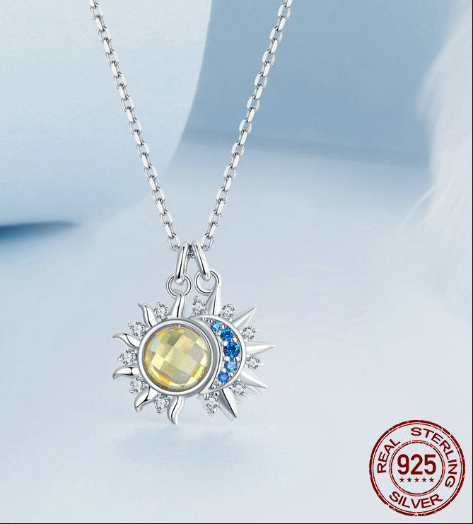 Silver Charm Sparkling Sun Moon Necklaces 925 Pure Silver Clavicle Chain
