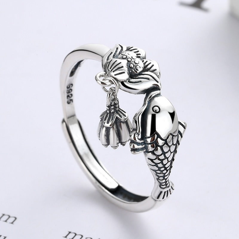 Carp Lotus Tassel Adjustable 925 Silver Ring