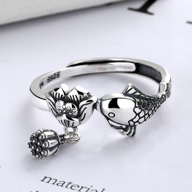 Carp Lotus Tassel Adjustable 925 Silver Ring