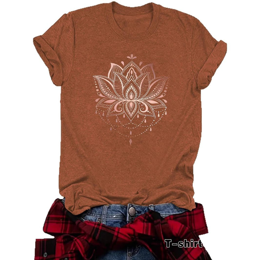 Lotus Print Round Neck Loose Short Sleeved Shirt
