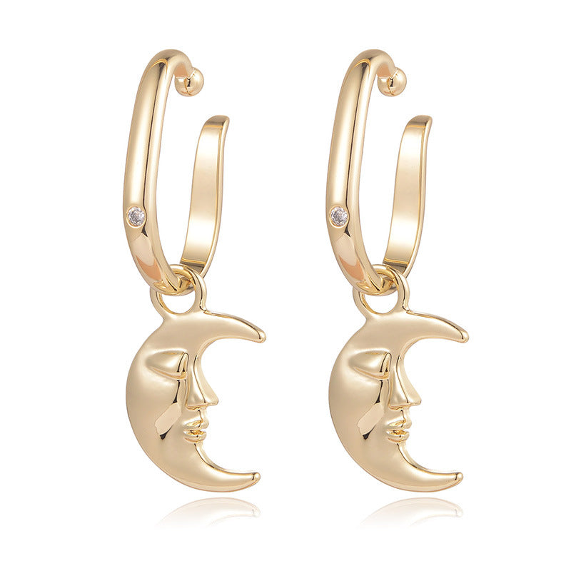 Crescent Moon Face Clip On Earrings