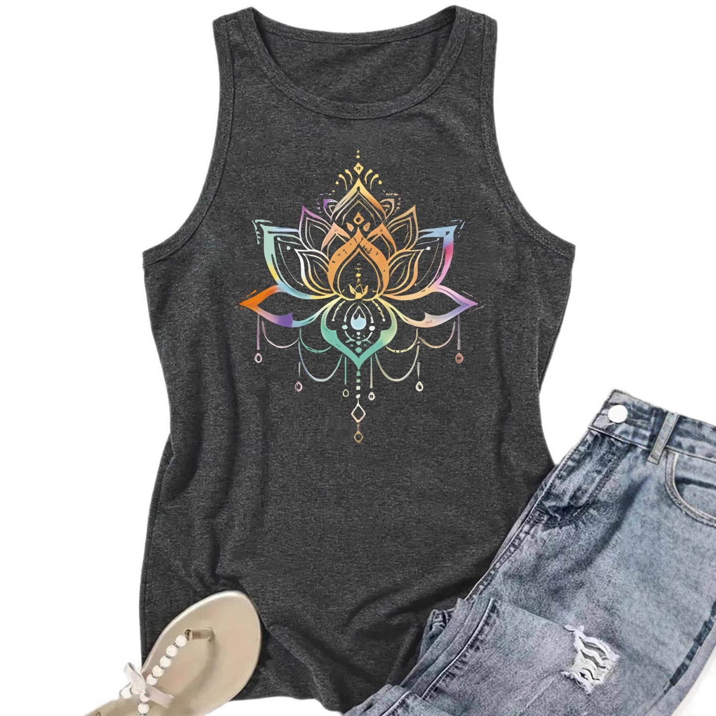 Colorful Lotus Design Print Sleeveless Top