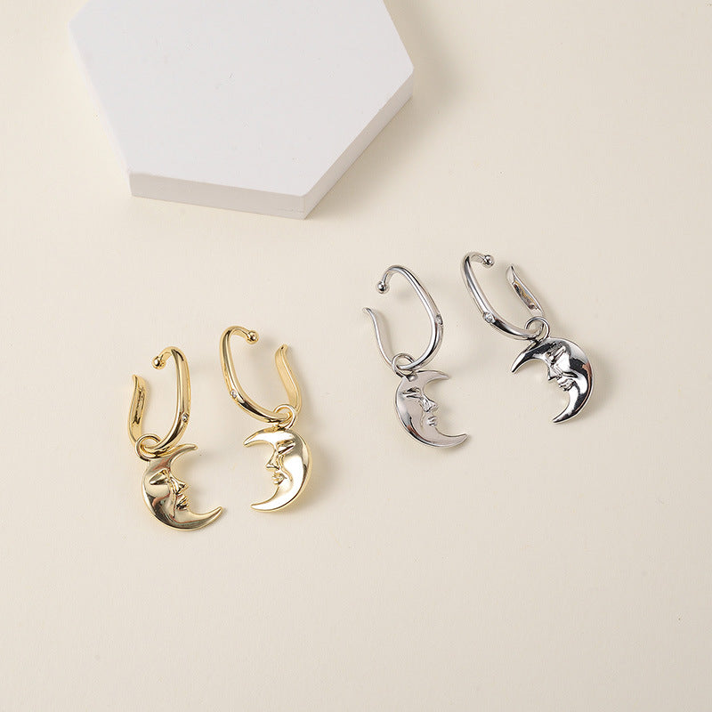 Crescent Moon Face Clip On Earrings