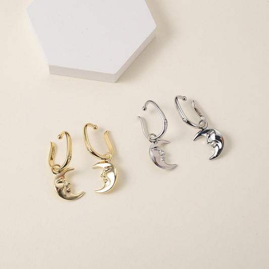 Crescent Moon Face Clip On Earrings