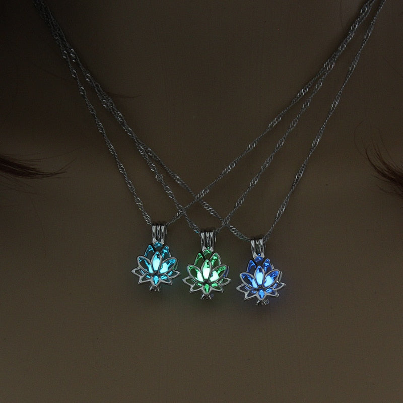 Luminous Glow In The Dark Moon Lotus Flower Shaped Pendant Necklace For Women