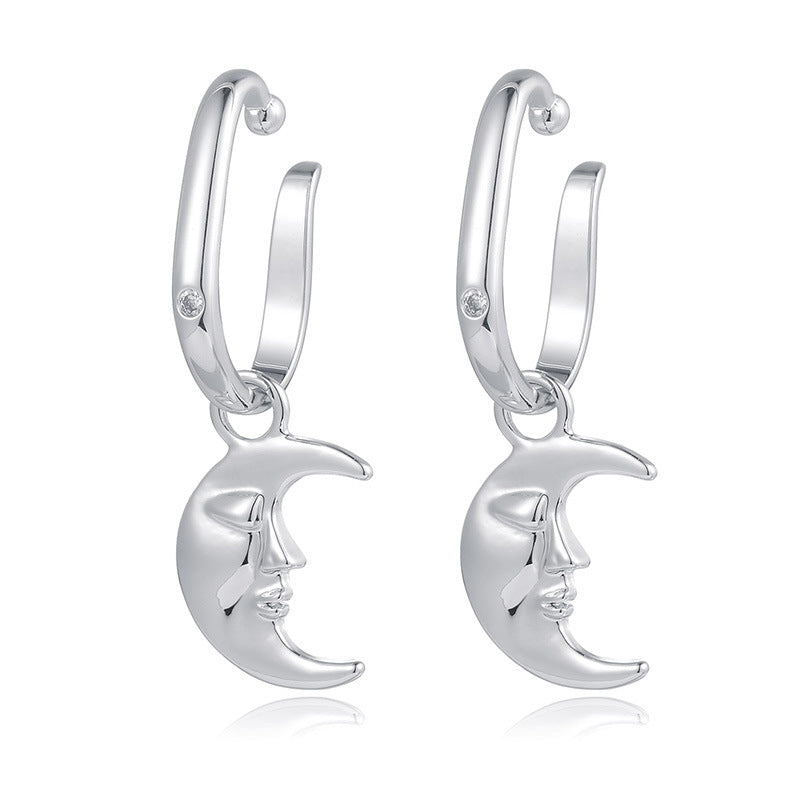 Crescent Moon Face Clip On Earrings
