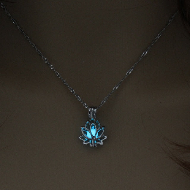 Luminous Glow In The Dark Moon Lotus Flower Shaped Pendant Necklace For Women