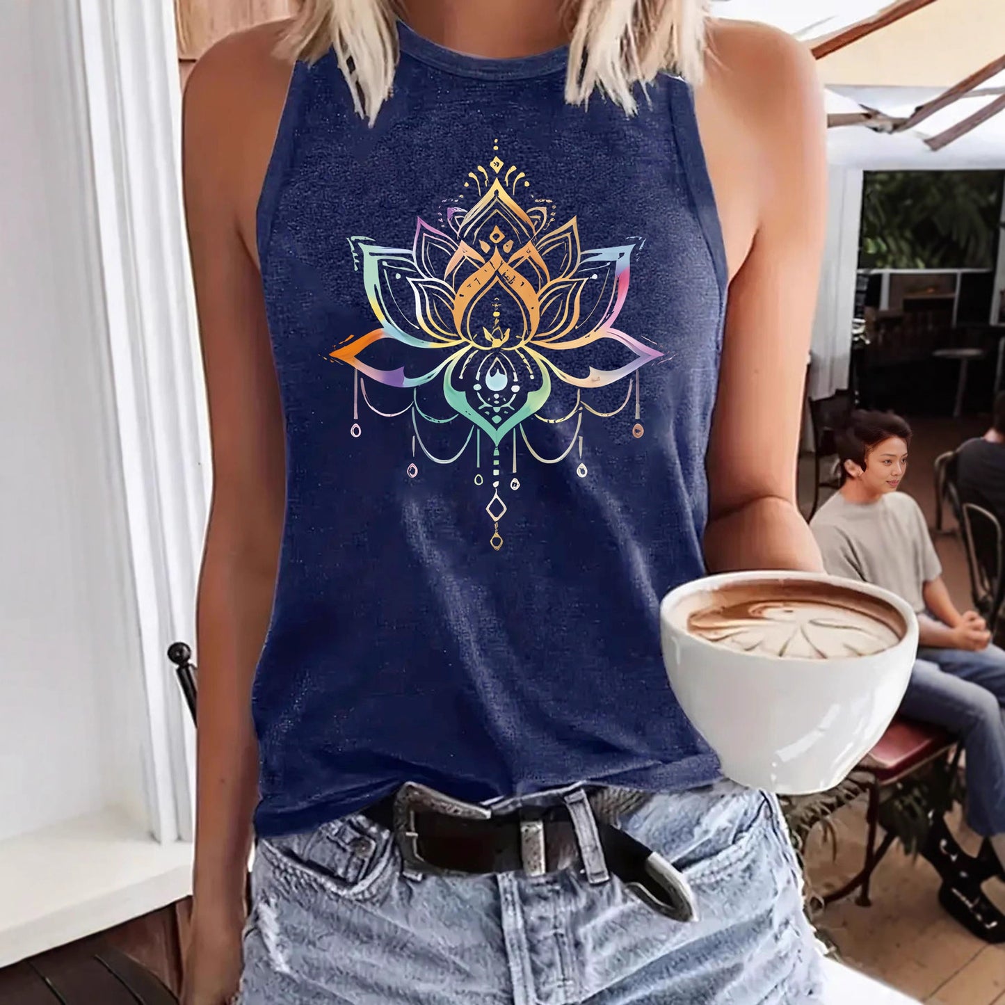 Colorful Lotus Design Print Sleeveless Top