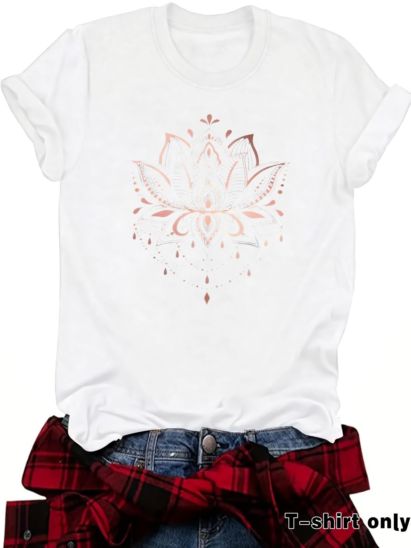 Lotus Print Round Neck Loose Short Sleeved Shirt