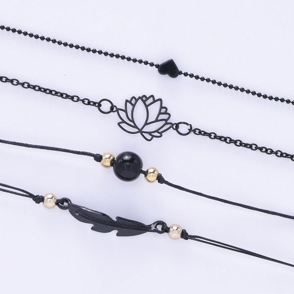 New Fashion 4 Piece Black Feather Lotus Boho Bangles Bracelet Set