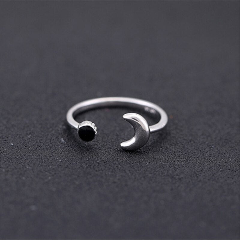 925 Sterling Silver Moon Black Epoxy Retro Resizable Opening Ring