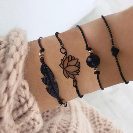 New Fashion 4 Piece Black Feather Lotus Boho Bangles Bracelet Set