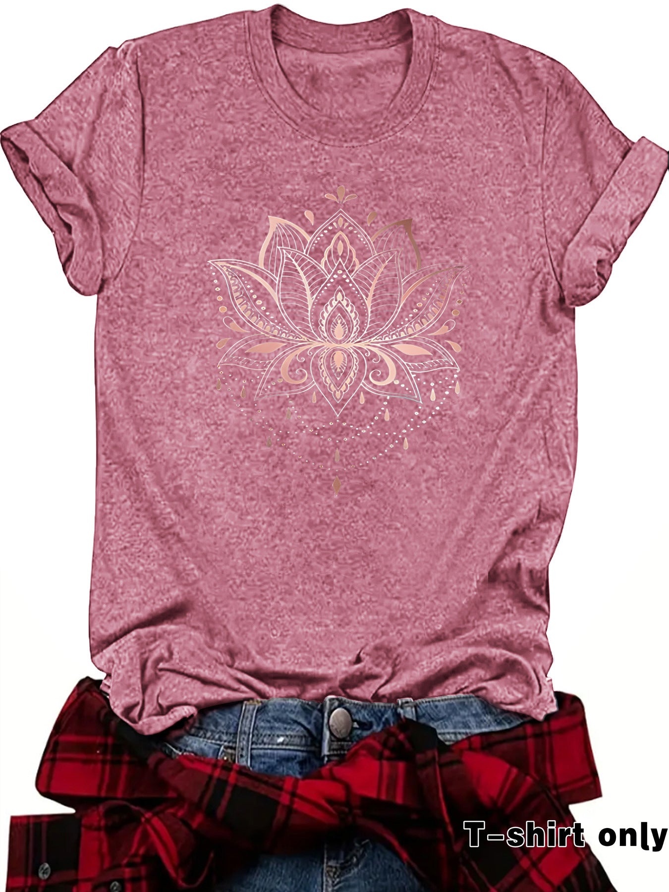 Lotus Print Round Neck Loose Short Sleeved Shirt
