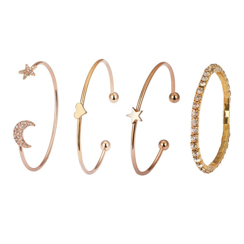 Five Point Star and Moon Cubic Zirconia Open Bracelet Combination Set