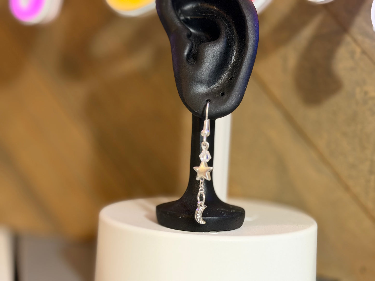 Silver Crescent Moon and Star Dangle Earrings