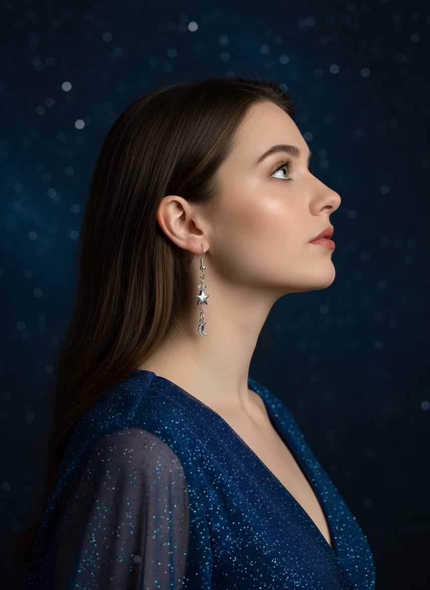 Silver Crescent Moon and Star Dangle Earrings